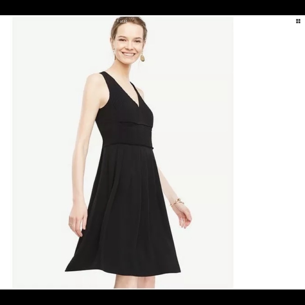 Ann Taylor Crepe Pleated V Neck Flare Dress Black